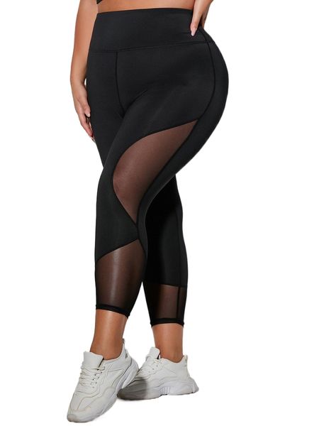 plus lightweight contrast mesh sports leggings x5nx#, Black