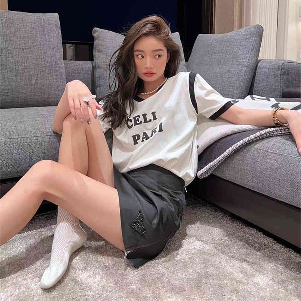 women's t-shirt spring and summer cel selin color blocking flocking letter br men's women's short sleeve large loose t-shirt, White
women's t-shirt spring and summer cel selin color blocking flocking letter br men's women's short sleeve large loose t-shirt, White