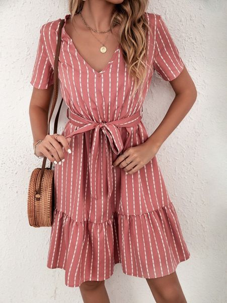 v-neck ruffle hem belted striped dress k4om#, Black;gray