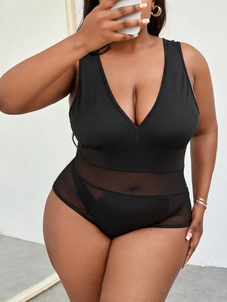 sxy plus contrast mesh deep v neck bodysuit p3da#, Black
sxy plus contrast mesh deep v neck bodysuit p3da#, Black