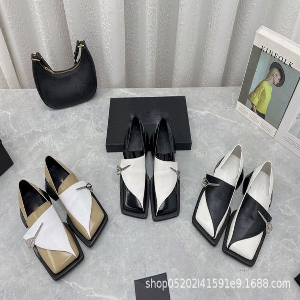 dress shoes french style thick heel shoes spring british scissors small leather color matching cowhide square head leffer, Black
dress shoes french style thick heel shoes spring british scissors small leather color matching cowhide square head leffer, Black