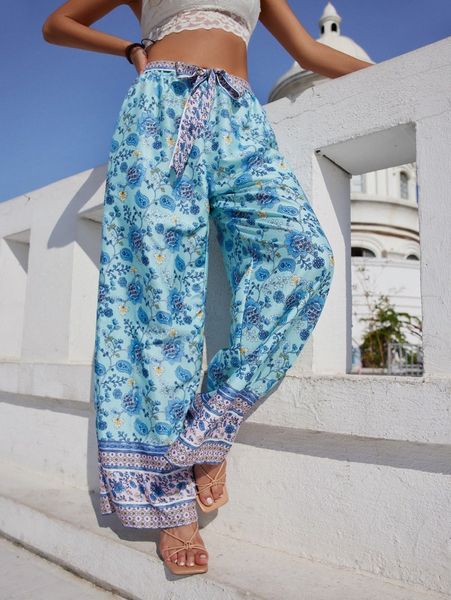 floral & paisley print knot front pants g71i#, Black;white