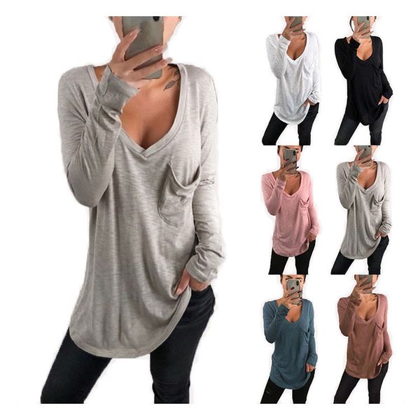 women's t-shirt style european and american amazon wish v-neck loose pocket long sleeved blouse women casual top, White
women's t-shirt style european and american amazon wish v-neck loose pocket long sleeved blouse women casual top, White