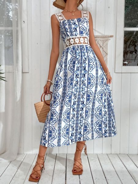 guipure lace insert scroll print dress 46sg#, Black;gray