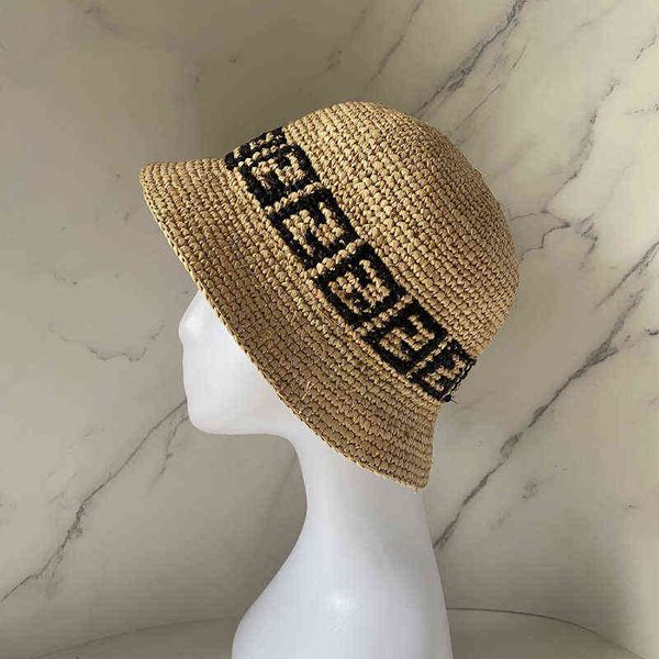 Image of Pure Hand-woven Raffia Hats Original Color Letter Fisherman Hats High-quality Natural Straw Pot Hats Outdoor Sun Protection