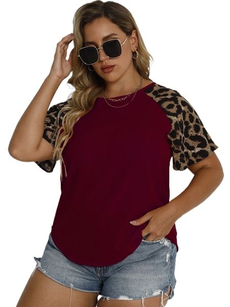 plus contrast leopard raglan sleeve blouse 83cz#, Black
