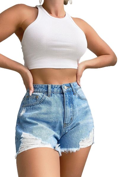 ripped raw trim denim shorts z611#, White;black