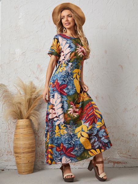 botanical print tunic dress l683#, Black;gray