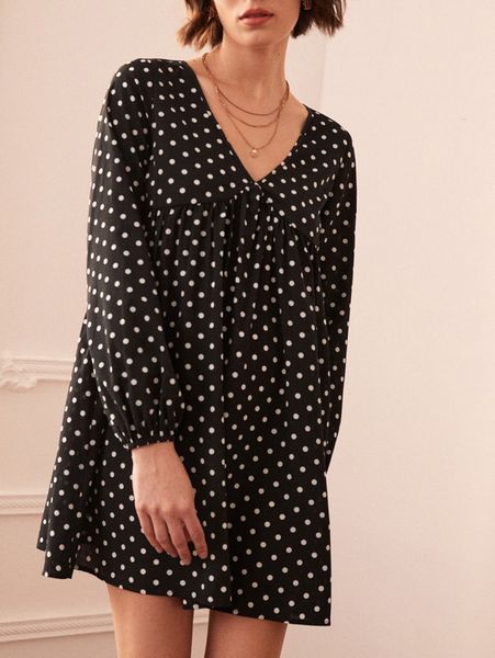 polka dot print v-neck smock dress f77g#, Black;gray