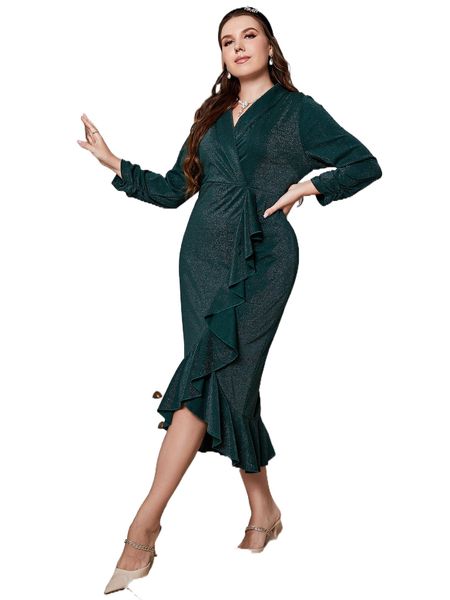 plus ruffle trim wrap dress without belt y9ia#, Black 
plus ruffle trim wrap dress without belt y9ia#, Black