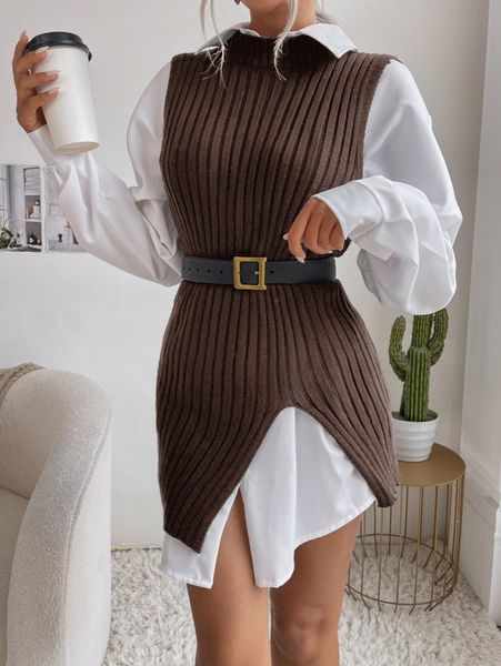 ribbed knit asymmetrical hem sweater vest without belt blouse 87ab#, White;black
ribbed knit asymmetrical hem sweater vest without belt blouse 87ab#, White;black