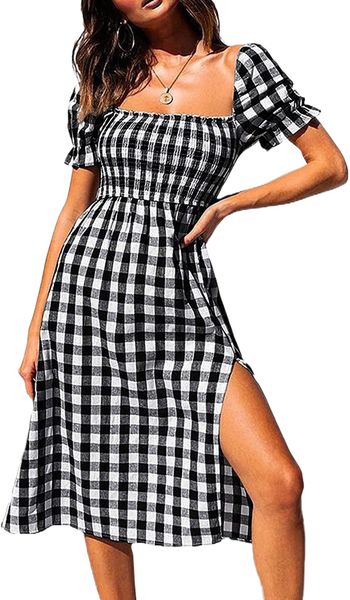 plaid dress for women short puff sleeve square neck side split summer midi flowy dresses 51nu#, Black;gray
plaid dress for women short puff sleeve square neck side split summer midi flowy dresses 51nu#, Black;gray
