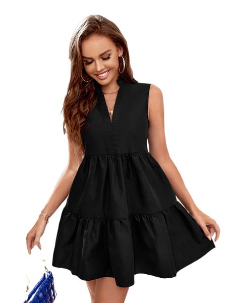 notched neck ruffle hem smock dress v78e#, Black;gray 
notched neck ruffle hem smock dress v78e#, Black;gray