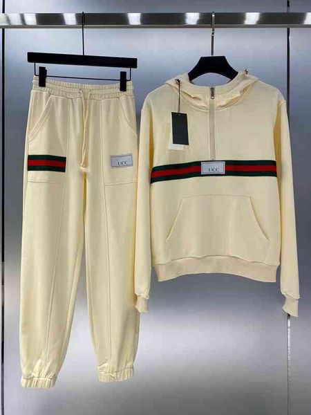 2022 spring autumn new red and green ribbon contrast color semi zipper hooded sweater trousers casual loose suit, White
2022 spring autumn new red and green ribbon contrast color semi zipper hooded sweater trousers casual loose suit, White