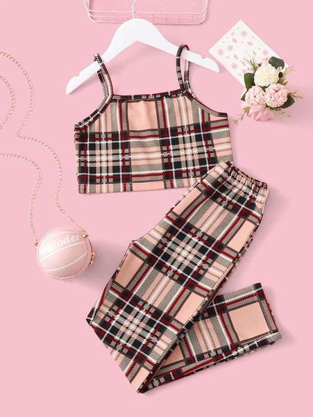girls plaid cami & leggings she, White 
girls plaid cami & leggings she, White