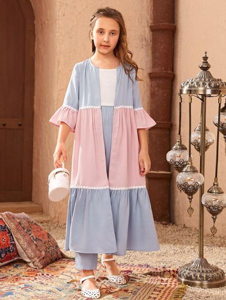 girls two tone appliques flounce sleeve open front coat & pants she, White 
girls two tone appliques flounce sleeve open front coat & pants she, White