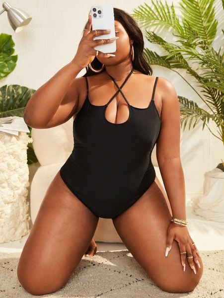 plus solid cross one piece swimsuit 39zz#, White;black