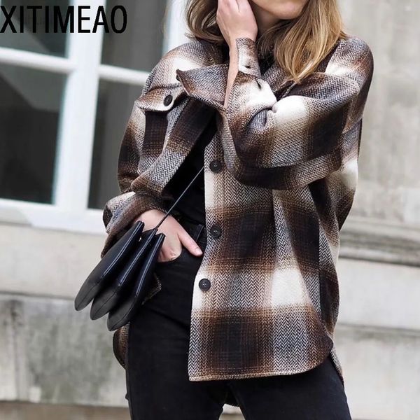 vintage stylish bags oversized checked jacket women 2021 fashion lapel collar long sleeves loose female outerwear chic l220725, Black;brown 
vintage stylish bags oversized checked jacket women 2021 fashion lapel collar long sleeves loose female outerwear chic l220725, Black;brown