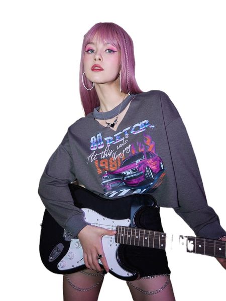 romwe car letter graphic choker neck sweatshirt p9z7#, Black