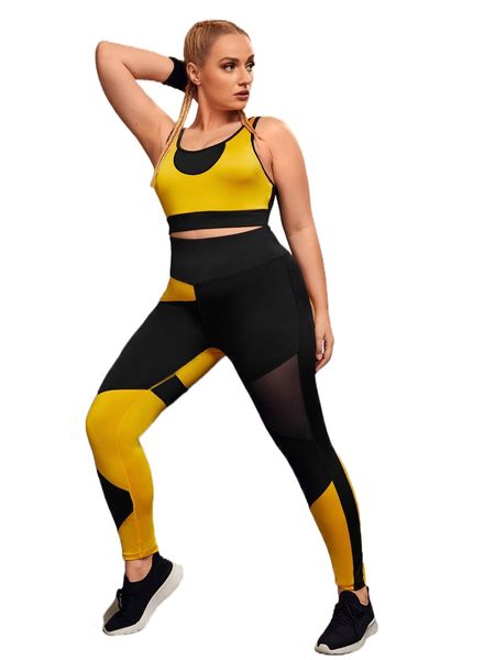 plus four-way stretch color-block mesh insert sports set f0ge#, Black 
plus four-way stretch color-block mesh insert sports set f0ge#, Black