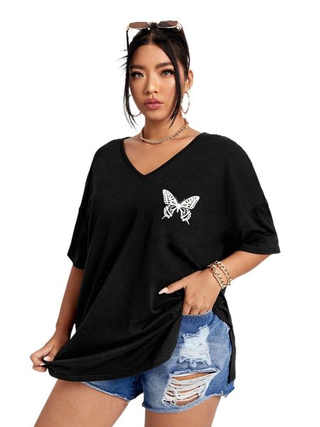 plus butterfly print drop shoulder tee k9e0#, Black