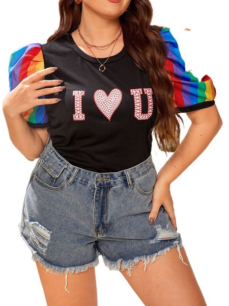 plus lgbt rainbow striped heart print puff sleeve tee y1fi#, Black