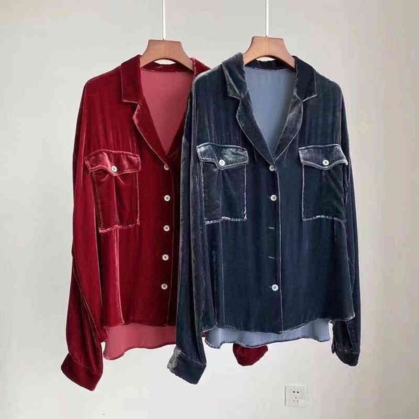 women's polos early autumn silk velvet lapel shirt women's yuan, White