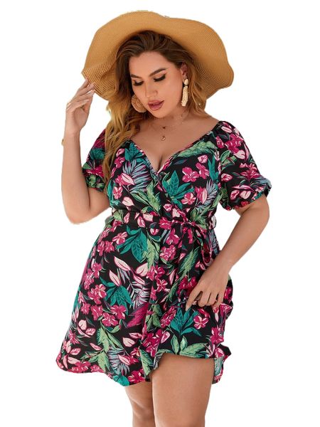 plus floral print puff sleeve belted dress q90j#, Black
plus floral print puff sleeve belted dress q90j#, Black