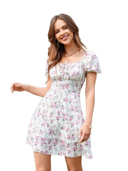 floral print ruched bust puff sleeve dress 88sr#, Black;gray 
floral print ruched bust puff sleeve dress 88sr#, Black;gray