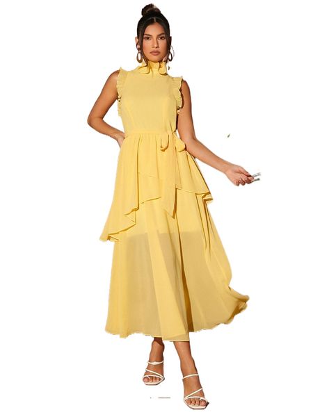 frill trim layered hem belted dress v5fj#, Black;gray