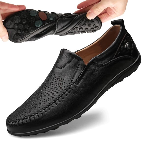 

italian men casual shoes summer genuine leather loafers moccasins slip on s flats breathable male driving btmottz 220808, Black