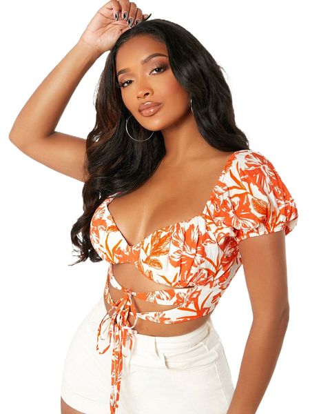 sxy floral print shirred back sweetheart neck tie front crop blouse k1q3#, White
sxy floral print shirred back sweetheart neck tie front crop blouse k1q3#, White