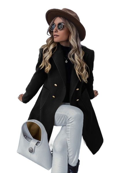 lapel collar double breasted overcoat s7os#, Black