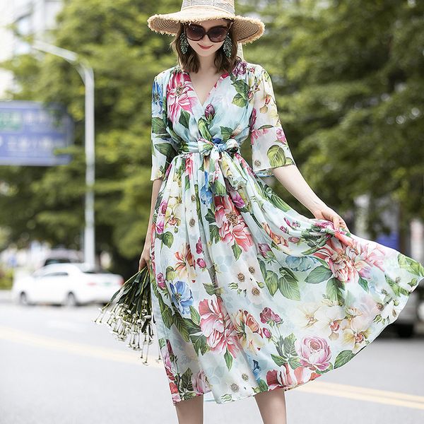 women's runway dresses v neck half sleeves printed floral high street dress with sash belt, Black
women's runway dresses v neck half sleeves printed floral high street dress with sash belt, Black