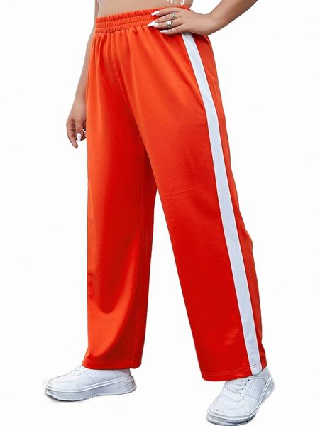 plus contrast side seam straight leg pants a2df#, Black