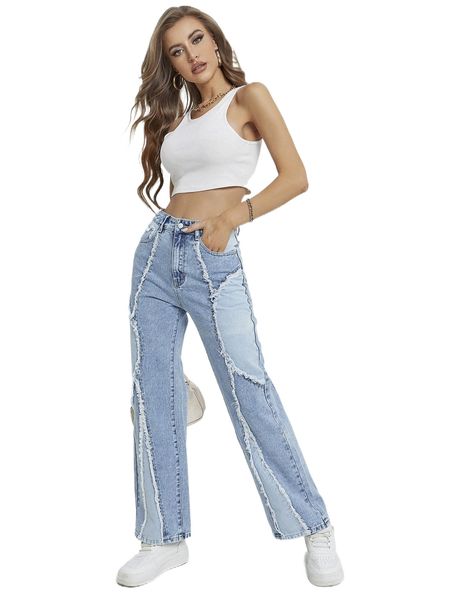 high waist two tone raw cut jeans x7ai#, Blue