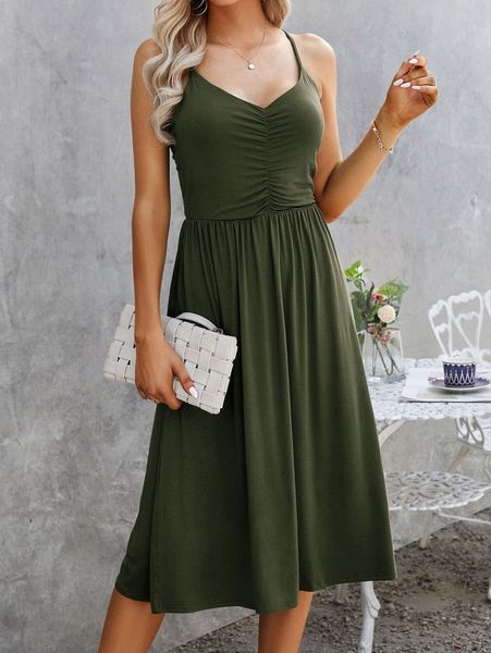 solid ruched cami dress v1v8#, Black;gray