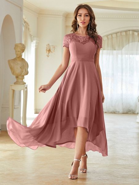 contrast lace yoke high low hem dress p8sk#, Black;gray
contrast lace yoke high low hem dress p8sk#, Black;gray