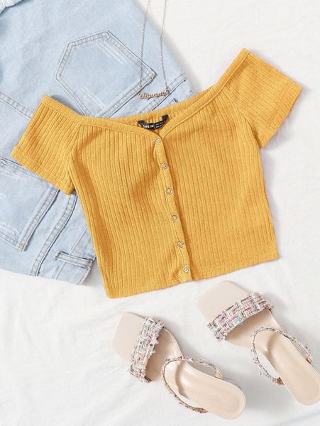 off shoulder buttoned front rib-knit u5qq#, White
