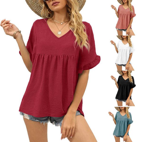 2022 summer new women's wear solid color loose casual v-neck ruffle sleeve t-shirt, White
2022 summer new women's wear solid color loose casual v-neck ruffle sleeve t-shirt, White