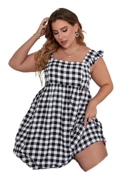 plus gingham ruffle trim dress r1nr#, Black
plus gingham ruffle trim dress r1nr#, Black