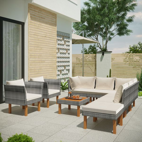 outdoor patio garden wicker sofa grey pe rattan sofa set wooden legs acacia wood armchair with beige cushions
outdoor patio garden wicker sofa grey pe rattan sofa set wooden legs acacia wood armchair with beige cushions