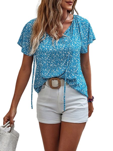 ditsy floral butterfly sleeve tie neck blouse e8pr#, White 
ditsy floral butterfly sleeve tie neck blouse e8pr#, White