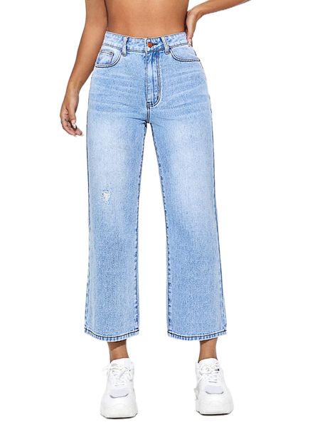 high waist ripped frayed denim straight leg jeans l9vg#, Blue
high waist ripped frayed denim straight leg jeans l9vg#, Blue