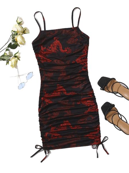 chinese dragon print drawstring ruched side dress h7wa#, Black;gray
