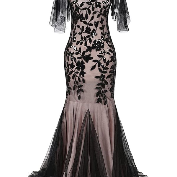 oneck shortsleeve tulle embroider evening dress elegant mermaid vintage 1920s party dress great gatsby sequin dress long 220627, White;black 
oneck shortsleeve tulle embroider evening dress elegant mermaid vintage 1920s party dress great gatsby sequin dress long 220627, White;black