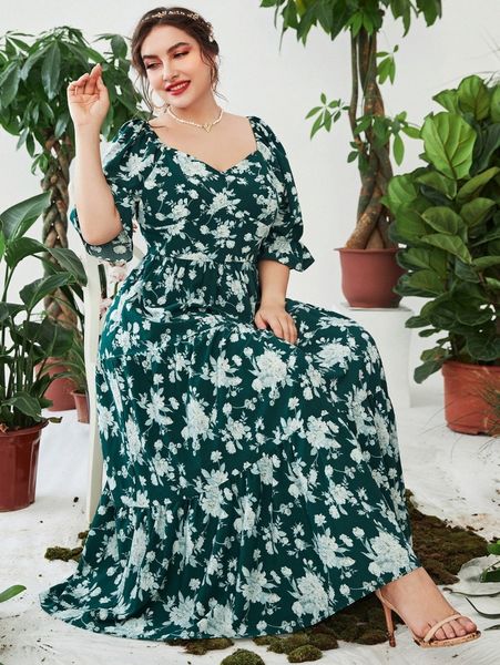 plus allover floral print sweetheart neck puff sleeve ruffle hem dress 70q4#, Black
plus allover floral print sweetheart neck puff sleeve ruffle hem dress 70q4#, Black