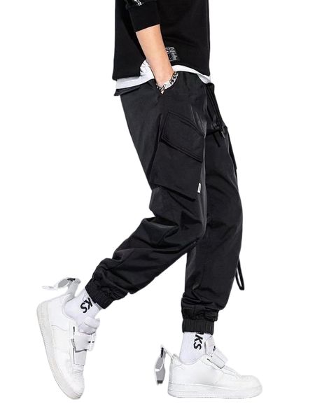 men flap pocket side drawstring waist cargo pants o07d#, Black 
men flap pocket side drawstring waist cargo pants o07d#, Black