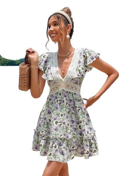 floral print contrast lace plunging neck ruffle trim tie back dress v17e#, Black;gray
floral print contrast lace plunging neck ruffle trim tie back dress v17e#, Black;gray