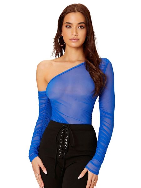 asymmetrical neck ruched mesh 28j0#, White 
asymmetrical neck ruched mesh 28j0#, White